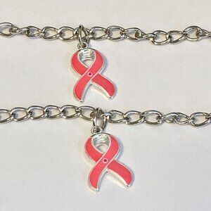 Pink Ribbon Anklet Lot of 2 Breast Cancer Awareness Anklets 8-10.5" Rhodium